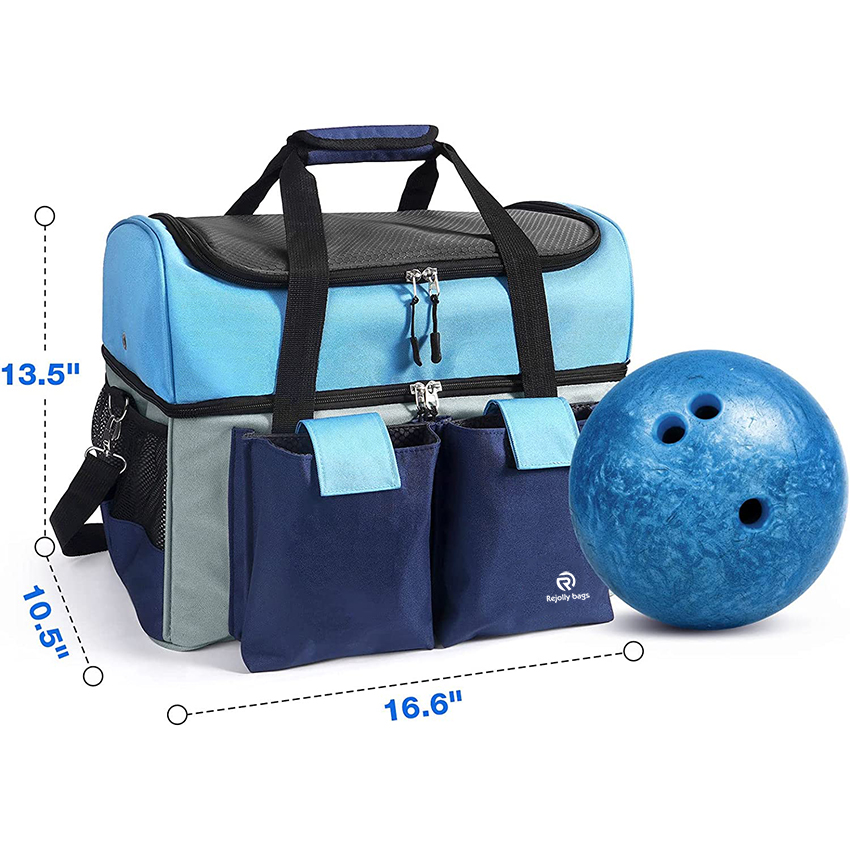 Bowling-Tasche, Tragetasche für 2 Bälle, mit rollsicheren Ballhaltern und Befestigungsgurten, oberes Fach, passend für Herrenschuhe, Sporttasche RJ196150