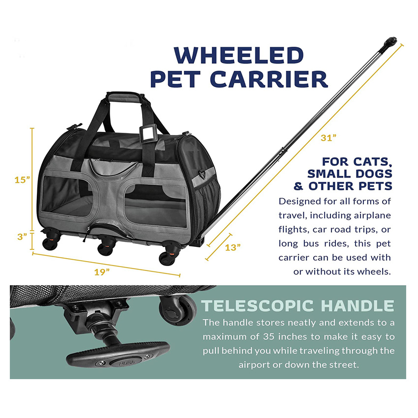 Travel Dog Carrier Wheels Pet Bag Portable Carry Puppy Rolling Bag