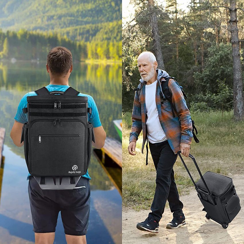 Rolling Tackle Box mit Kühler, große Angeltasche mit Rädern für 5 Tabletts, wasserdichter Boden für Aufbewahrungsausrüstung, Angelgerättasche