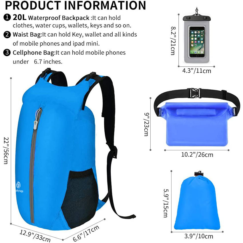 Leichter 20-Liter-Kajak-Trockensack – verstaubares Aufbewahrungs-Rucksack-Set für Wandern, Angeln, Sport, Strand, Reisen, Camping, blaue Tasche