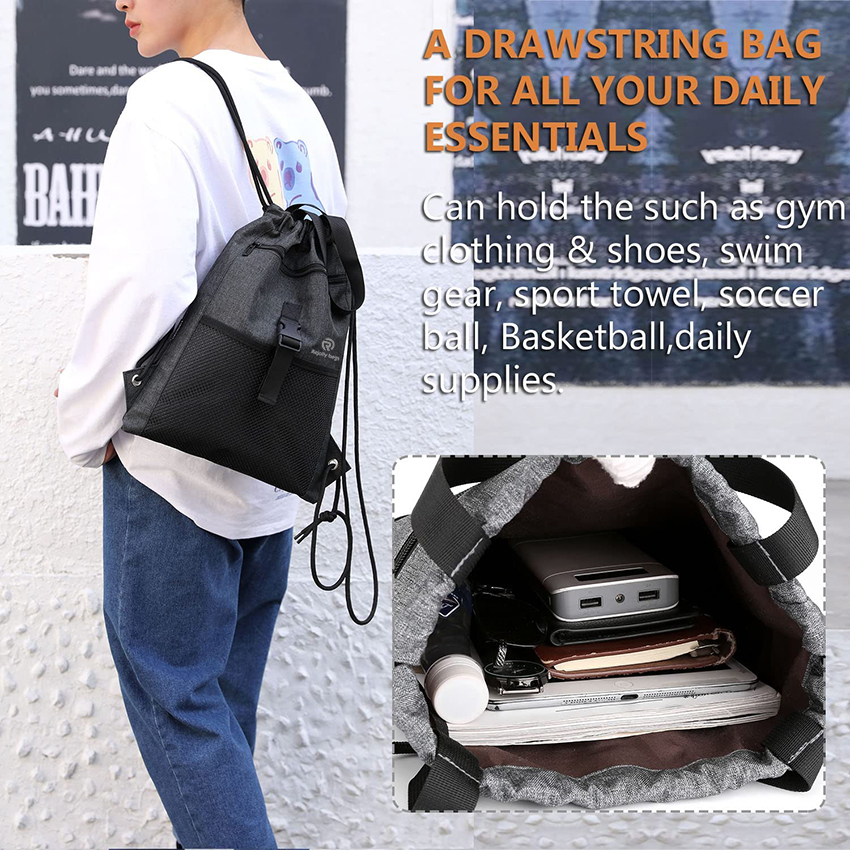 Turnbeutel Rucksack mit Kordelzug X-Large Sporttasche mit innerer Reißverschlusstasche für Männer Frauen Wasserdichte Cinch Gymnastikballtasche RJ196129