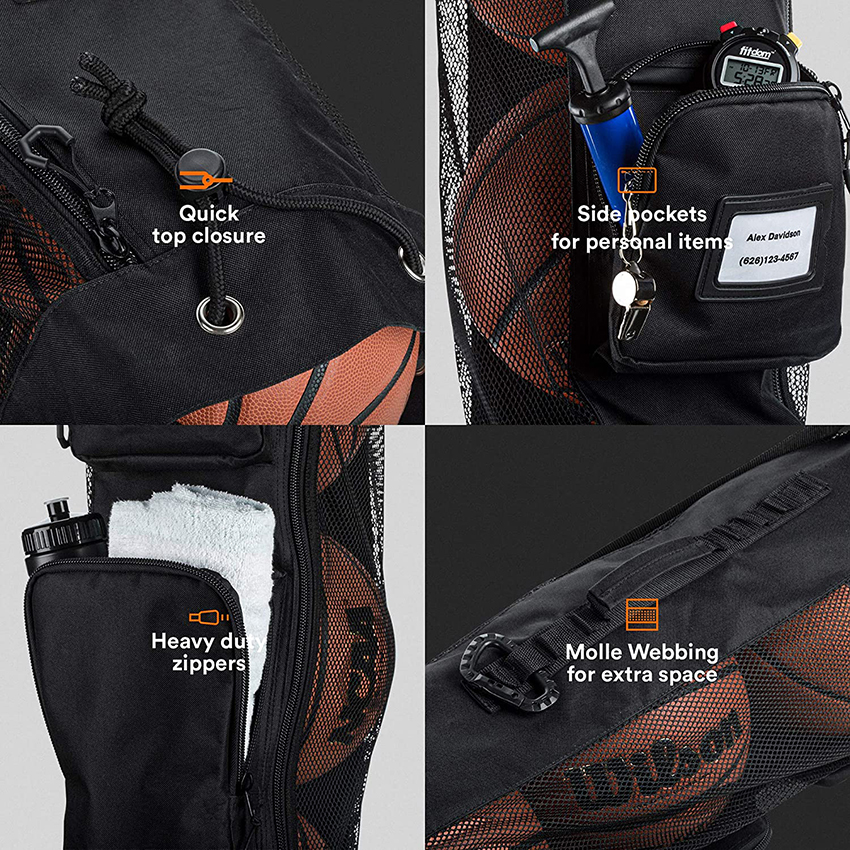 Hochleistungs-Basketball-Mesh-Ausrüstung Balltasche Schultergurt-Design für Trainer mit 2 Vordertaschen für Coaching- und Sportzubehör Balltasche RJ196105