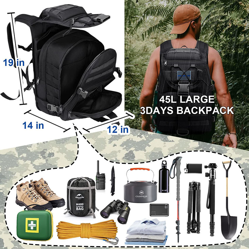 Militärischer Rucksack im Militärstil, Molle, 35 l, Wanderrucksack, Laptop-Rucksack, Überlebenstasche, mit 2 Klettverschlüssen und 2 Karabinern