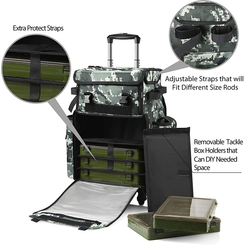 Rollende Angelgerätetaschen mit Rutenhalter-Rucksack, abnehmbare Räder und Angelwagen, wasserdichtes Angel-Organizer-Paket mit Rutenkoffer, Angelausrüstungstasche