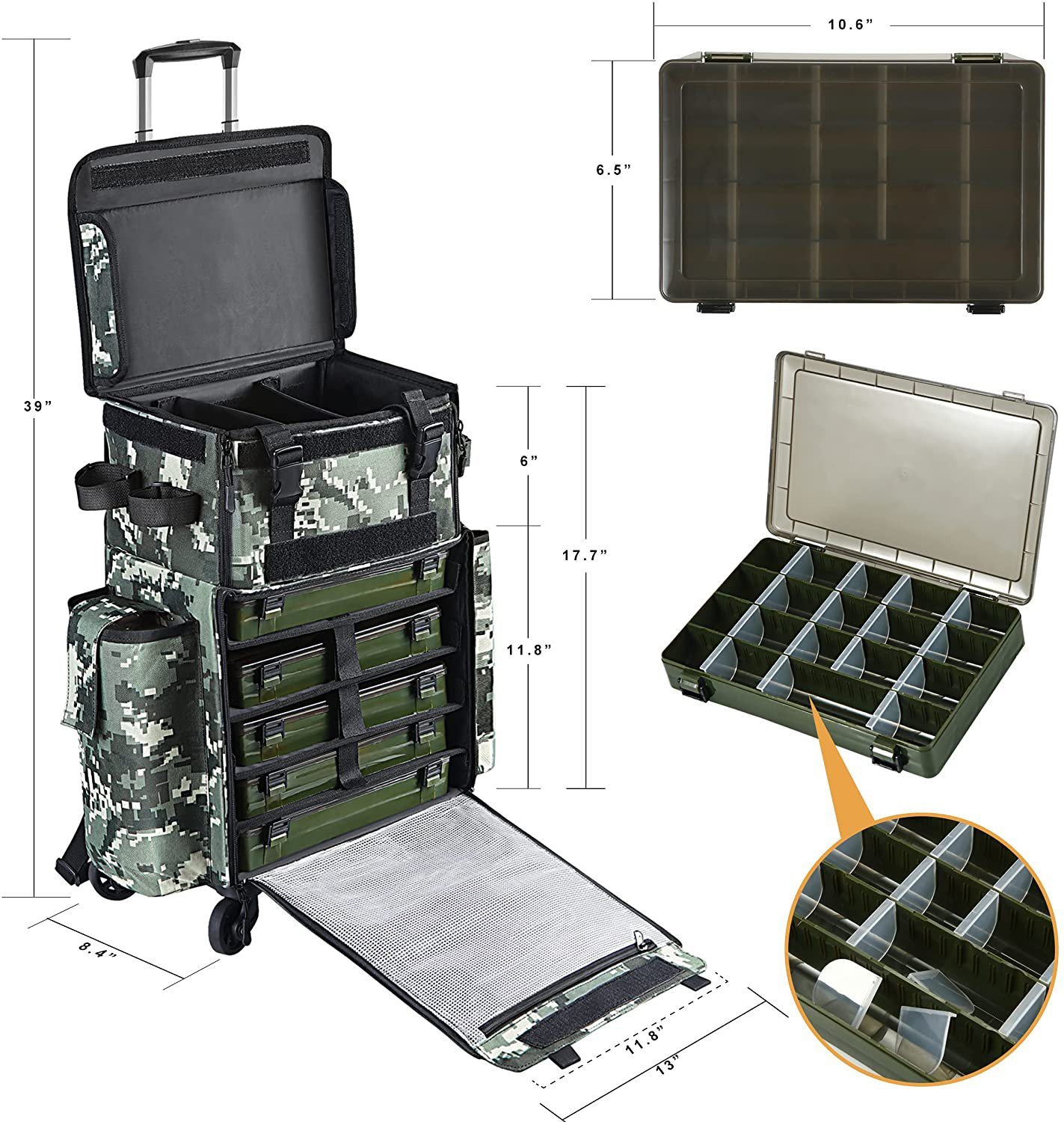 Rollende Angelgerätetaschen mit Rutenhalter-Rucksack, abnehmbare Räder und Angelwagen, wasserdichtes Angel-Organizer-Paket mit Rutenkoffer, Angelausrüstungstasche