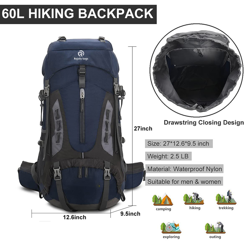 60L Wanderrucksack Herren Damen Camping Tagesrucksack Wasserdicht Bergsteigen Klettertasche mit Regenschutz