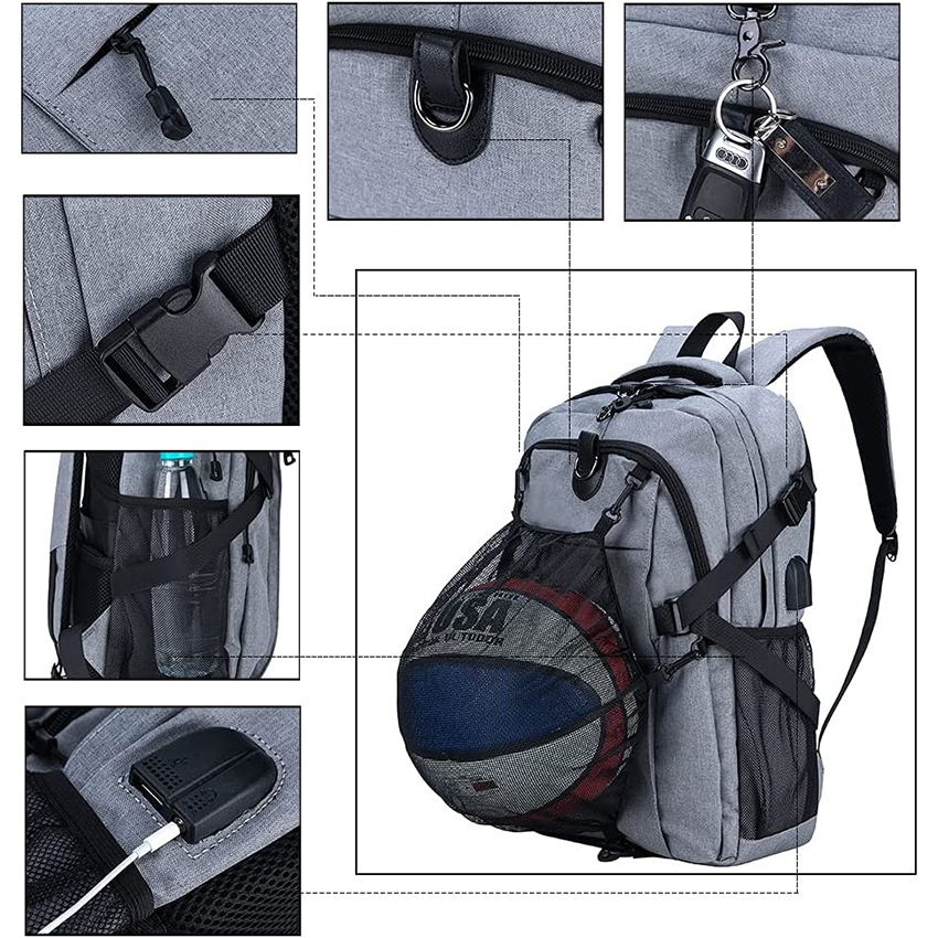 Basketball-Rucksack mit USB-Ladeanschluss, langlebiger Herren-Laptop-Rucksack für den Außenbereich mit Ballfach, Balltasche RJ196101