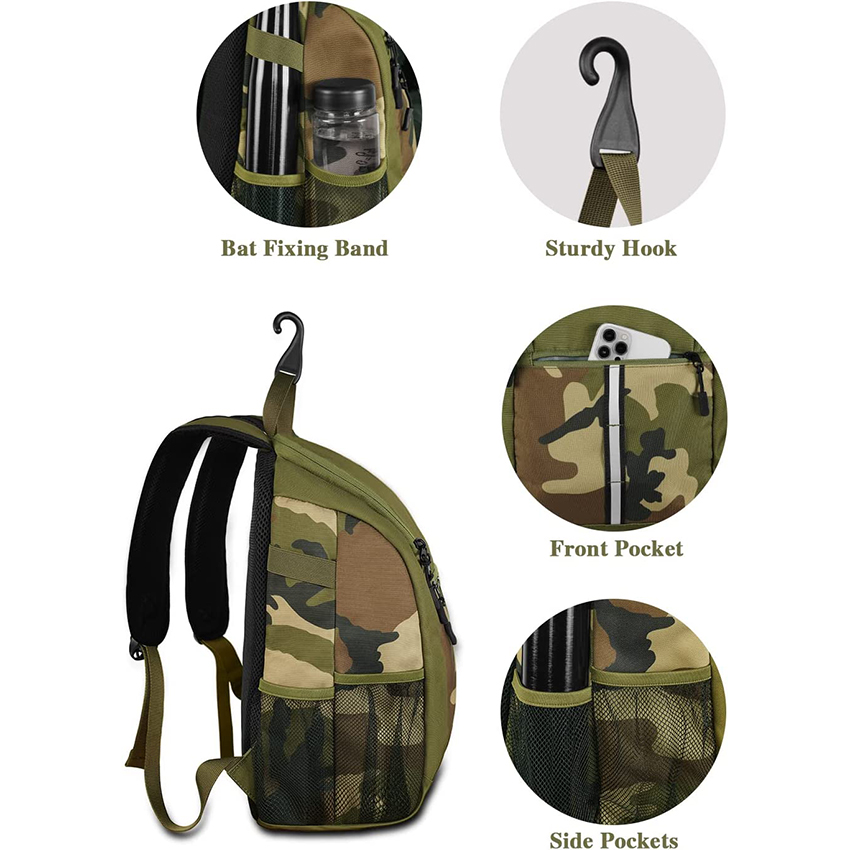 Leichte Kinder-Baseballtasche mit integrierter Tasche, Camo-Softballtasche mit Zaunhaken, Baseballgeschenk für Jungen, Baseballschlägertasche für 2 Schläger, Baseballtaschen RJ19677