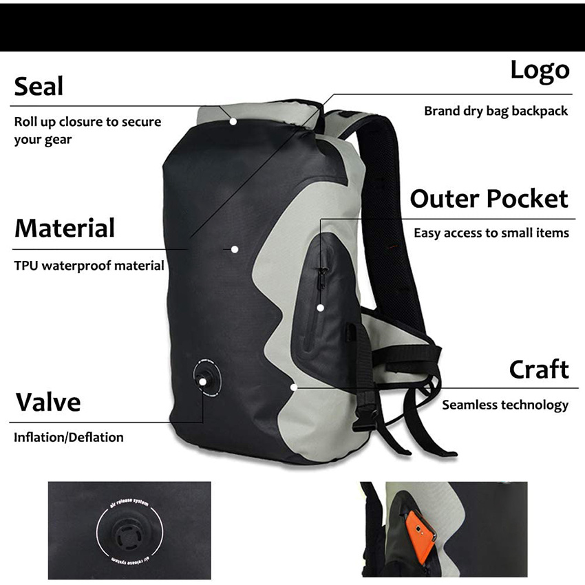 Wasserdichter Dry Bag Rucksack 30L Leichter schwimmender TPU-Trockensack für Kajakfahren, Angeln, Camping, Bootfahren, Wandern, Männer, Frauen mit gepolsterten Riemen, Atemsystem