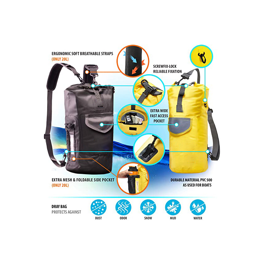 Dry Bag Wasserdichter Rucksack zum Kajakfahren Bootfahren und Angeln Außentasche mit Schnellzugriff 500d Reißfestes PVC