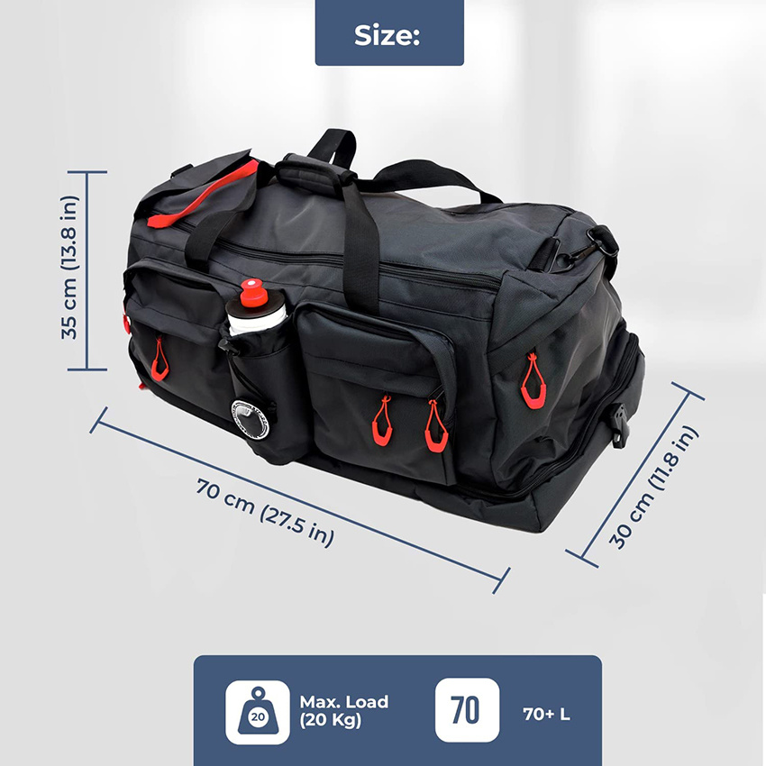 Sporttasche 3 in 1 große Reisetasche schwarz Rucksackfunktion und Trennwände mit 7 Taschen und separatem Bodenteil Fitness-Trainingstasche für Kampfsport