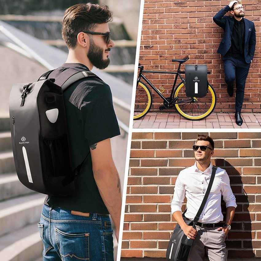 Pannier-Rucksack mit gepolsterter Laptop-Tasche Wasserdichte Fahrrad-Satteltasche mit Kreuzschultergurt und Schnellverschluss-Clip-On für Lebensmittel-Fahrradtasche