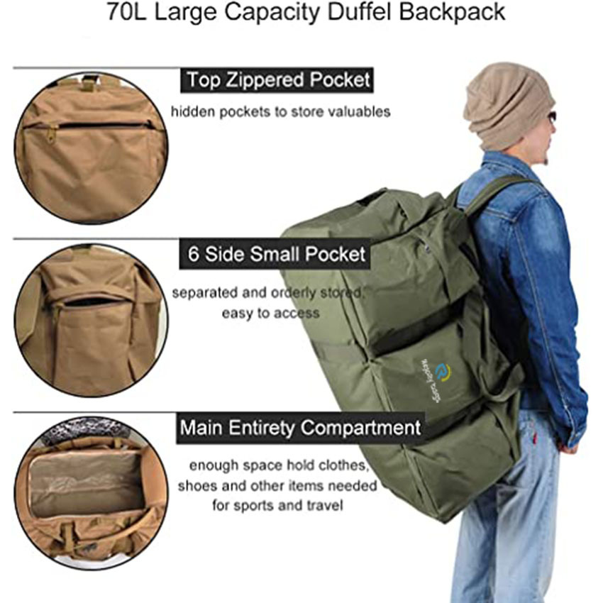 70L Large Duffel for Men Wandelbarer multifunktionaler Rucksack für die Reisetasche