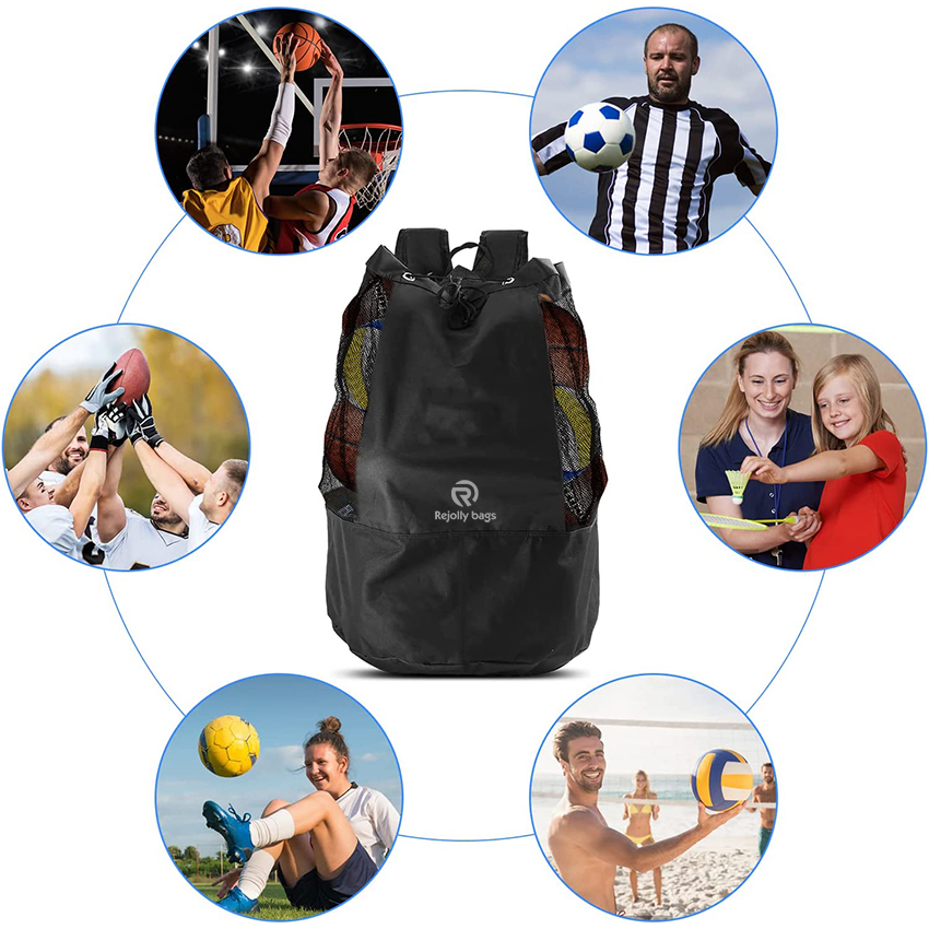 Große Mesh-Ausrüstungstasche schwarz, Fußballtasche mit verstellbarem Schultergurt, Sportballtasche aus 600D Oxford-Gewebe Mesh RJ19694