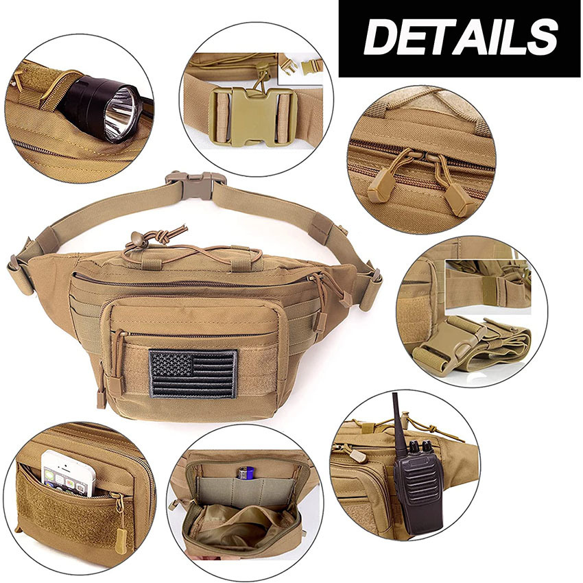 Tactical Fanny Pack im Militärstil, Hüfttasche, Gürteltasche, Utility-Taschen für Outdoor-Wandern, Klettern, Angeln mit US-Patch-Tasche