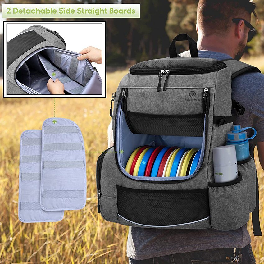 Discgolf-Rucksack mit zwei Seitenwandstützen, mit 24-26 Discs Kapazität, gepolsterter Lendenwirbelsäule für zusätzlichen Komfort, mehreren Taschen und wasserdichter Golf-Dics-Tasche