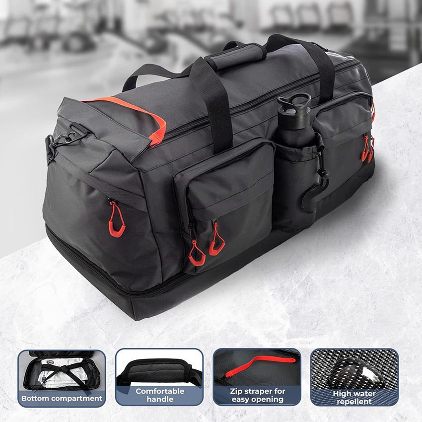 Sporttasche 3 in 1 große Reisetasche schwarz Rucksackfunktion und Trennwände mit 7 Taschen und separatem Bodenteil Fitness-Trainingstasche für Kampfsport