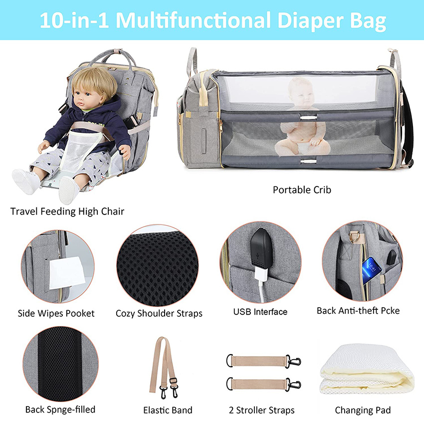 10 in 1 mit Wickelstation und tragbarem Reisehochstuhl, Geschenk für die Babyparty, multifunktionale Babytasche mit Moskitonetz, isolierte Tasche, Wickeltasche, Rucksack