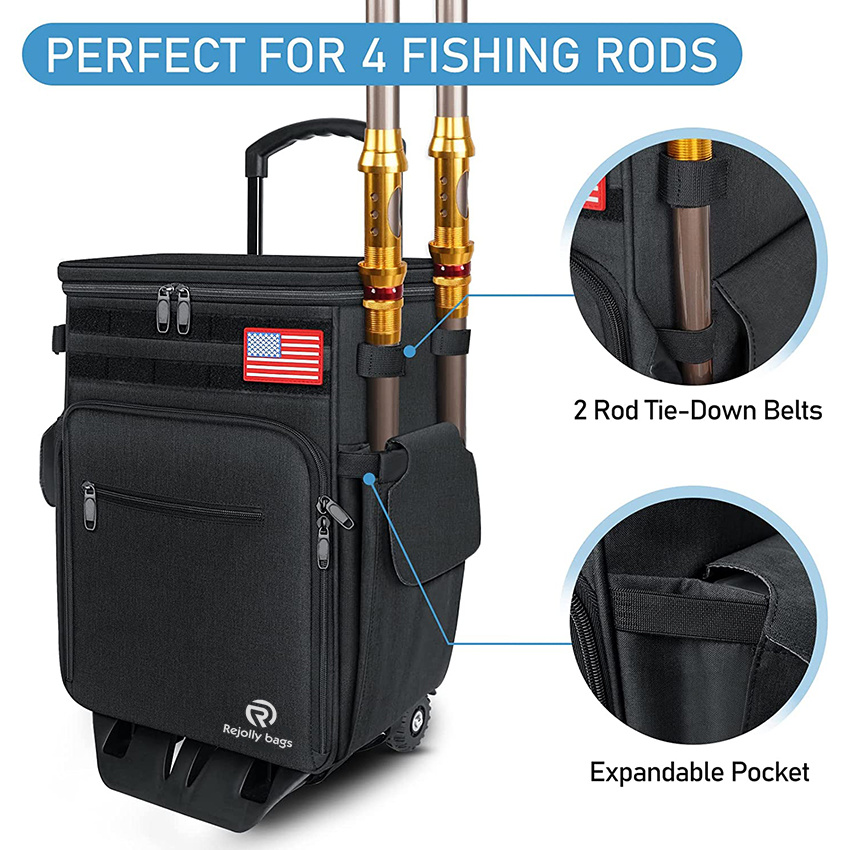 Rolling Tackle Box mit Kühler, große Angeltasche mit Rädern für 5 Tabletts, wasserdichter Boden für Aufbewahrungsausrüstung, Angelgerättasche