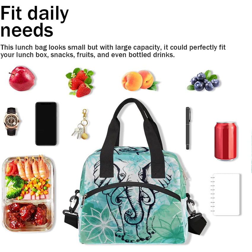 Elephant Flower Ethnic Isolierte Lunchtasche für Frauen/Männer Kinder mit verstellbarem, abnehmbarem Schultergurt, Kühltasche, wiederverwendbare Tragetasche, Lunchbox für Schule, Arbeit, Picknick