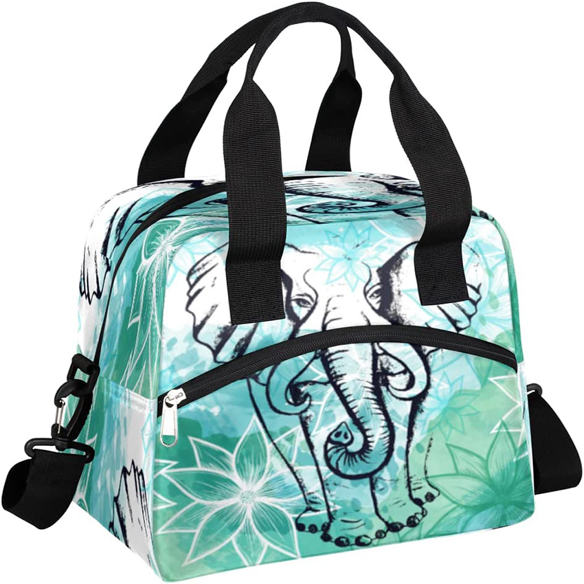 Elephant Flower Ethnic Isolierte Lunchtasche für Frauen/Männer Kinder mit verstellbarem, abnehmbarem Schultergurt, Kühltasche, wiederverwendbare Tragetasche, Lunchbox für Schule, Arbeit, Picknick