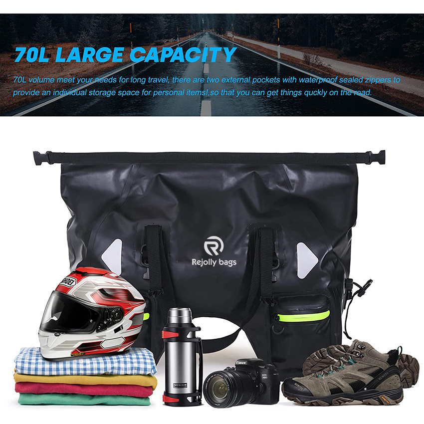 Trockene Motorrad-Hecktasche 70L mit Seilgurten und Innentasche Wasserdichtes PVC 500d für Reise-Motorradtasche