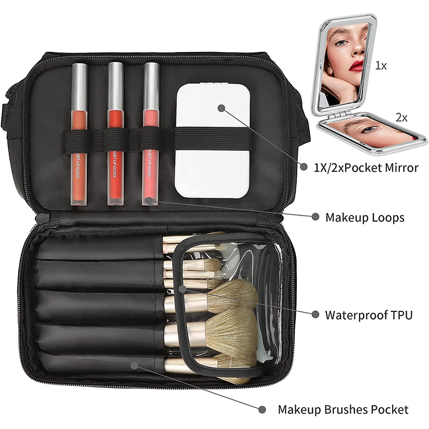 Kosmetiktasche für Frauen, 2-in-1, tragbar, mit Kordelzug, für Reisen, Make-up, groß, doppellagig, Make-up-Pinsel, wiederverwendbar, Kosmetiktasche, RJ21679