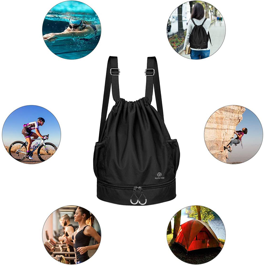 Rucksack mit Kordelzug, Sport-Sporttasche, wasserabweisender Kordelzug, groß, mit Reißverschluss und Wasserflaschen-Netztaschen für Fitnessstudio, Sporttasche RJ196203