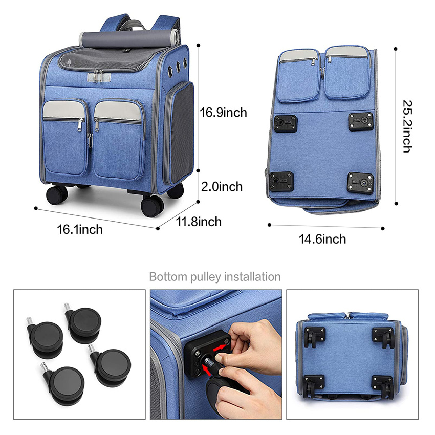 Comfort Rolling Wheels Pet Bag Carrier Belüftung Hundezubehör Aufbewahrungsrucksack