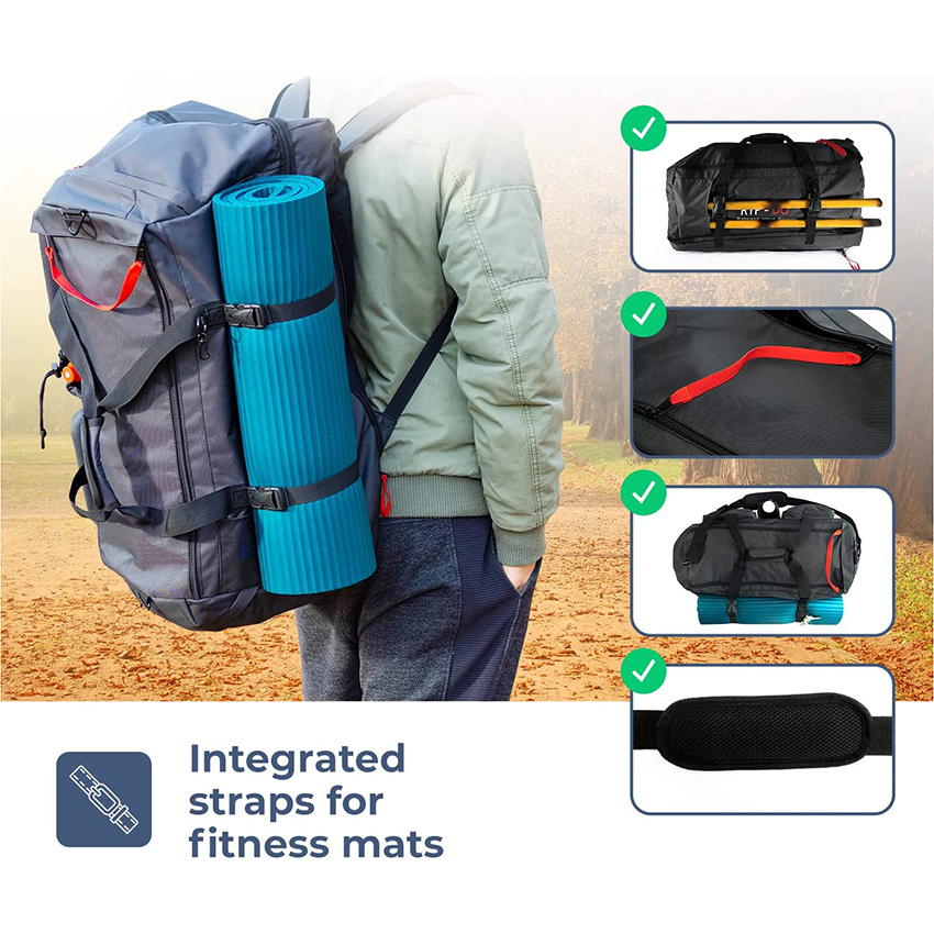 Sporttasche 3 in 1 große Reisetasche schwarz Rucksackfunktion und Trennwände mit 7 Taschen und separatem Bodenteil Fitness-Trainingstasche für Kampfsport